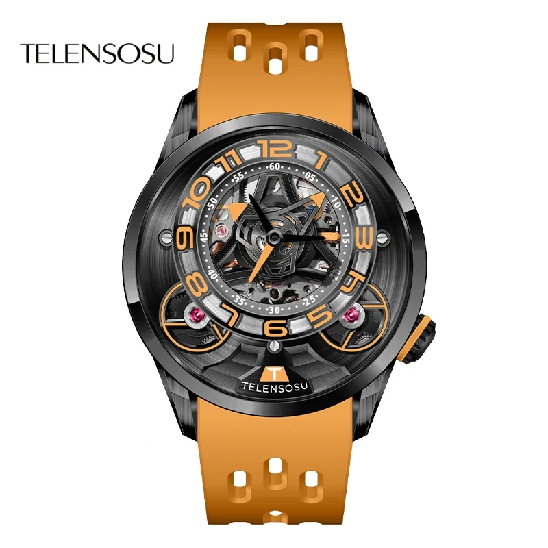 

TELENSOSU Мужские часы 43 мм Мужские двусторонние полые автоматические механические часы с двойным открытым маховиком Сапфировые часы 8818
