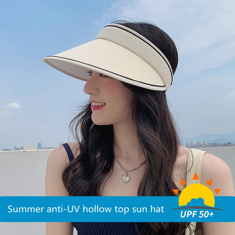 Fashion Solid Color Travel Portable Foldable Imitation UV Empty Top Sun Hat for Women Summer Large Brim Beach Casual Hat for Men