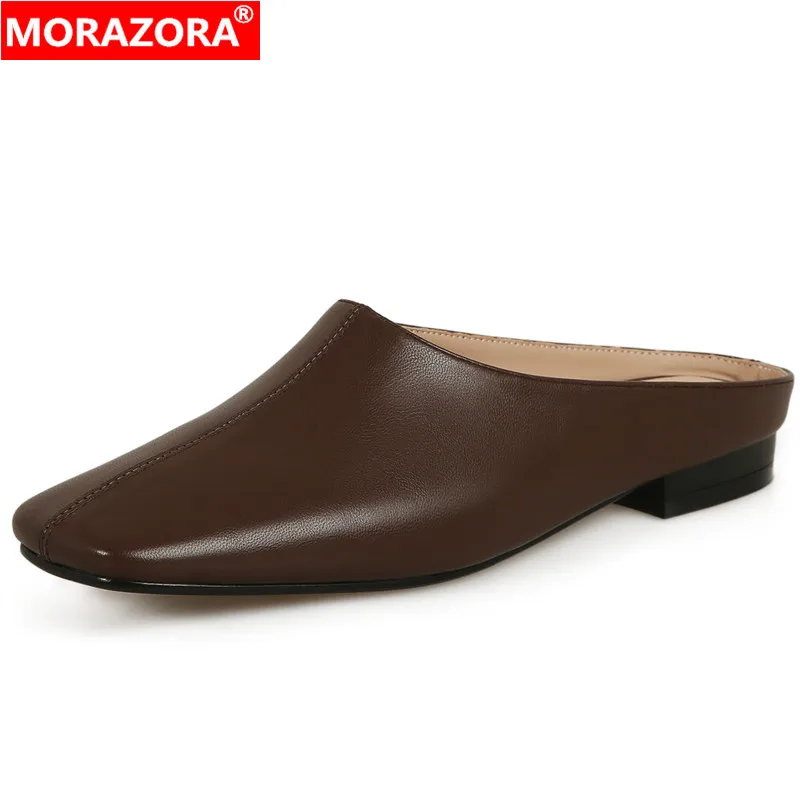 

MORAZORA 2022 New Genuine Leather Mules Sandals Women Slip On Low Heels Shoes Simple Summer Ladies Solid Dress Shoes