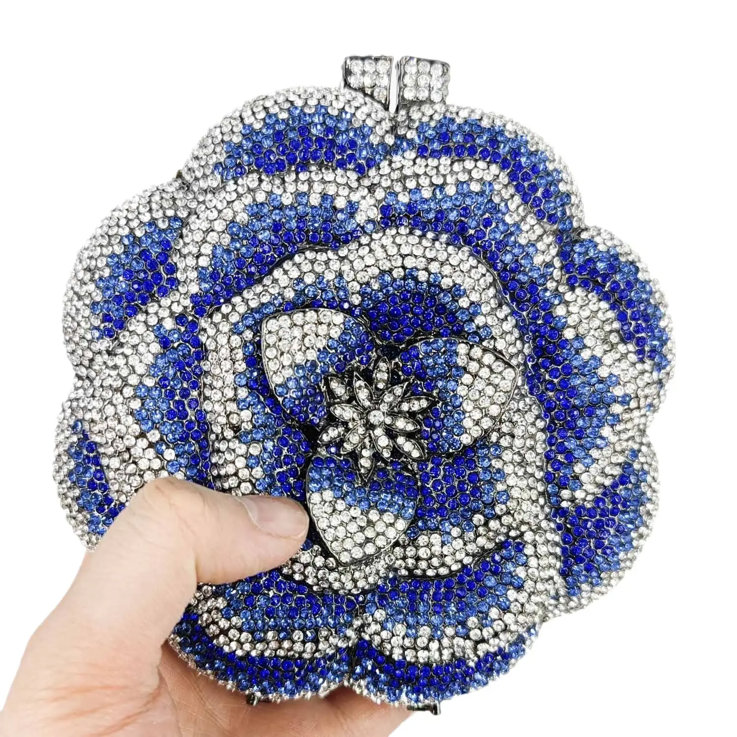 Boutique De FGG Women Blue Evening Bags Flower Wedding Bridal Crystal Clutch Purses Party Dinner Rhinestone Handbags