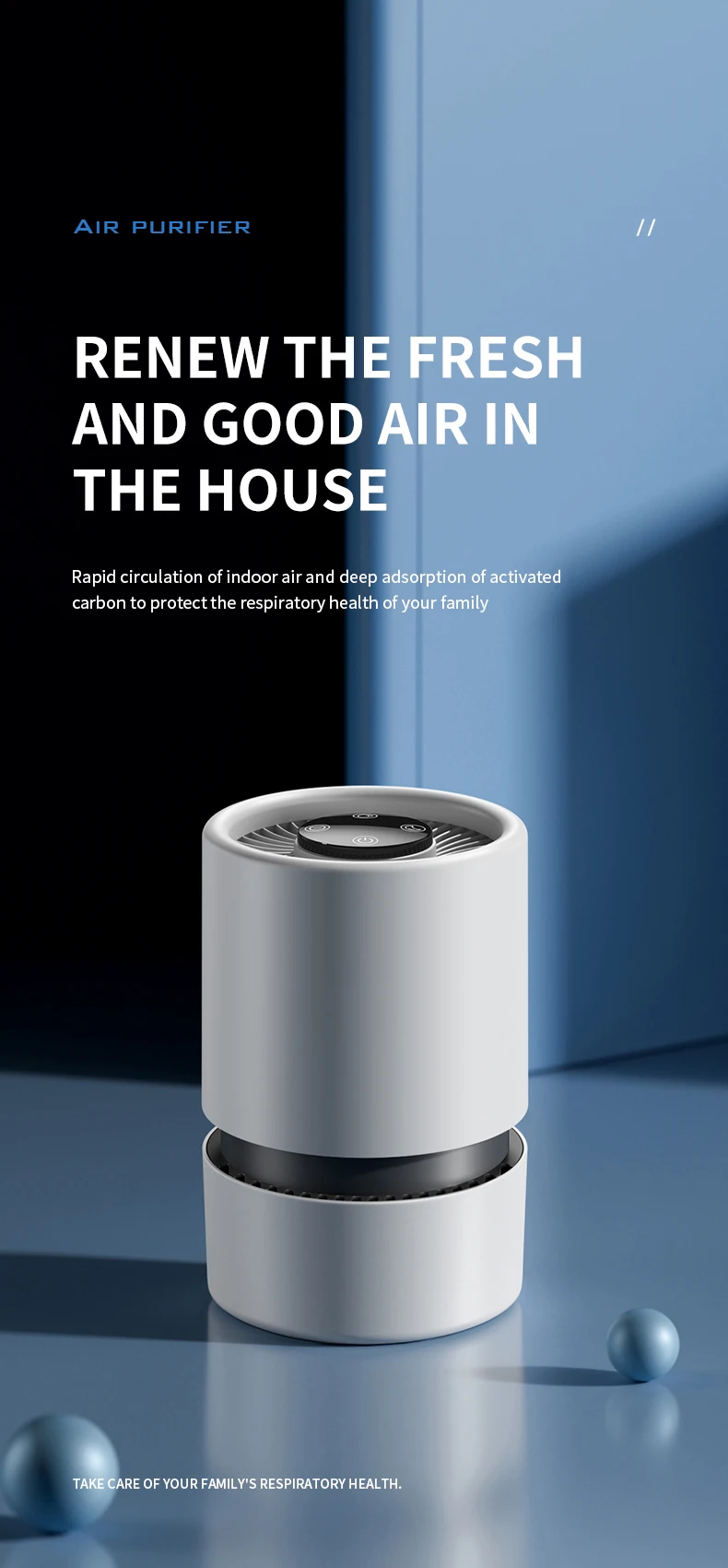Portable Air Purifier HEPA Activated Carbon Composite Filter Blue Light Negative Ion 2 Speed Touch Control USB Type-C Quiet Night Mode Aroma Tank