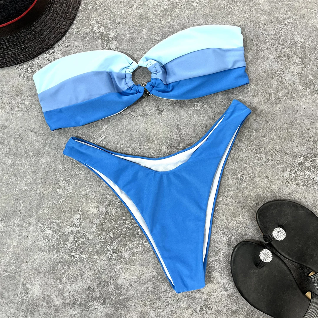 Sexy Splicing Bandeau Bikini mit mittlerer Taille, Damen-Badebekleidung, zweiteiliger Bikini-Set, Badeanzug, Badebekleidung, Damen-Bikini V3769 – Detail 9