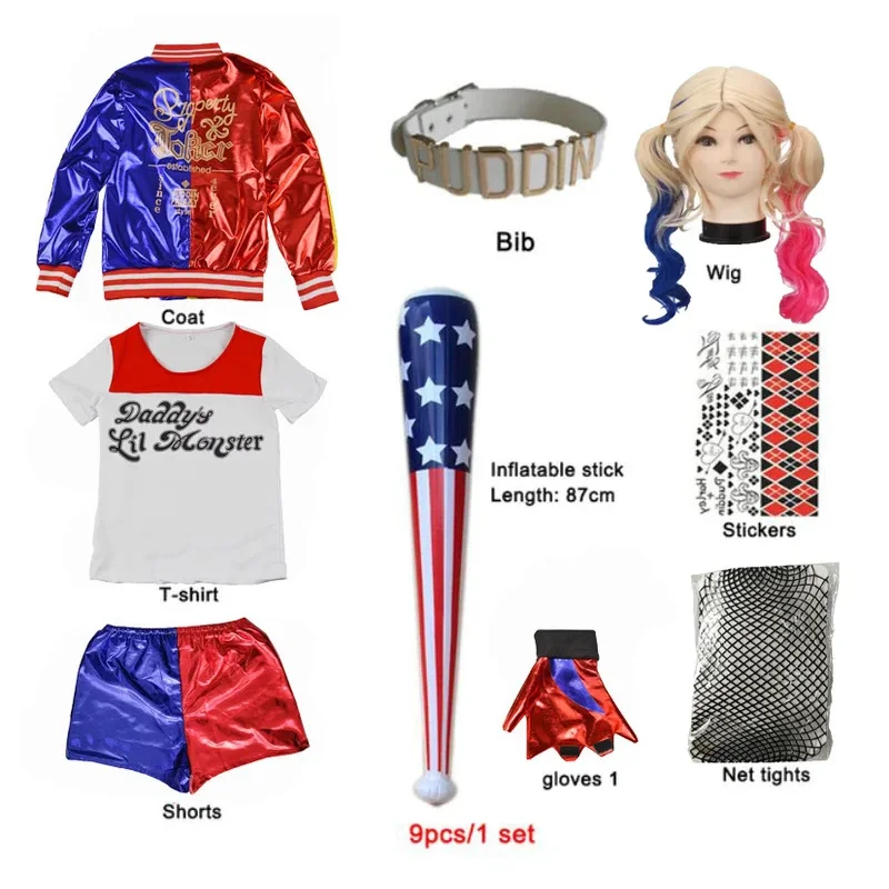 Детские костюмы Харли-самоубийц для девочек, куртка Quinn Squad, брюки, футболка с изображением монстра, комплекты праздничной одежды #   1 #   В.