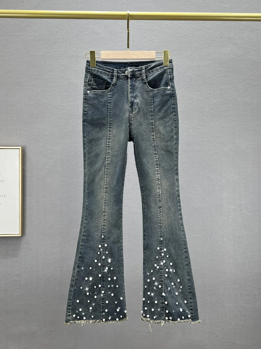 

Trendy High Waist Bell Bot Jeans Women's Spring 2024 Slimming Cotton Stretch Denim Blue Jeans Diamond Embellied Frayed L...