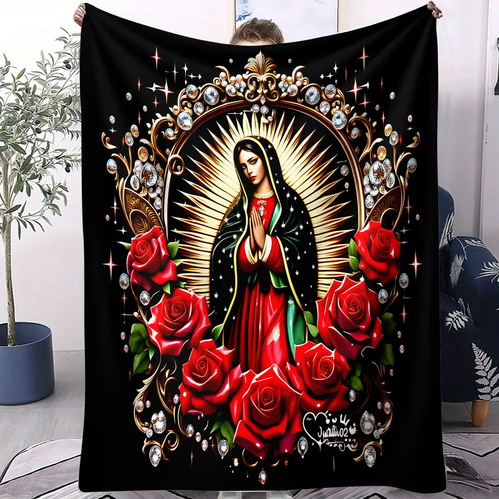 Our Lady of Guadalupe Red Rose Diamond Lightweight Lap Throw Blanket Virgin Mary Religious Fleece Blanket For Bedroom Decor,