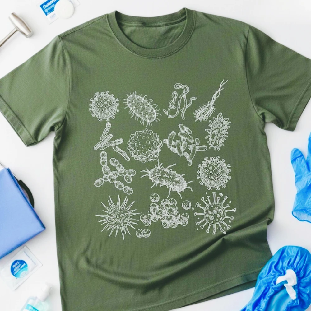 Microbiology Sketch T-Shirt Scientific Illustration of Bacteria Viruses Casual Tshirt Men Women Unisex Crewneck Cotton Tee Tops