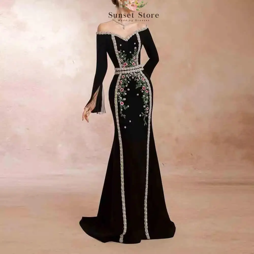 Customized Black Off The Shoulder Mermaid Evening Gown Floral Embroidery Rhinestone Wedding Guest Outfit Long Flare Mesh Sleeve