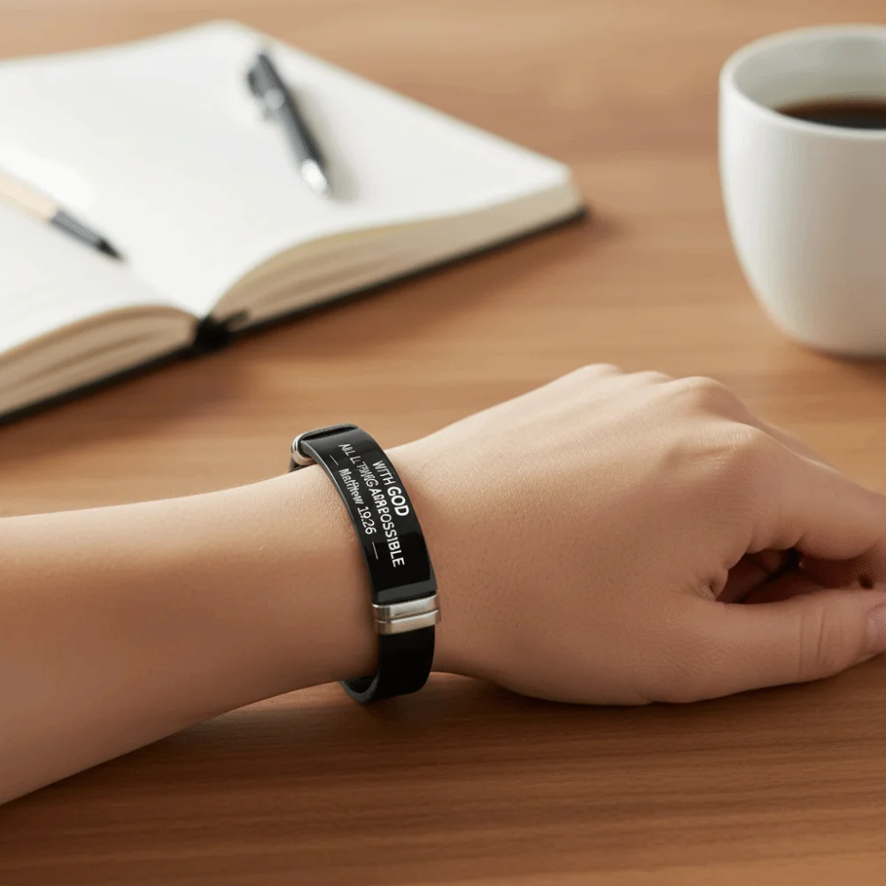 Pulsera de Acero Inoxidable Negro con Versículo Bíblico, Material de Silicona, Pulsera de Fe Cristiana Ajustable