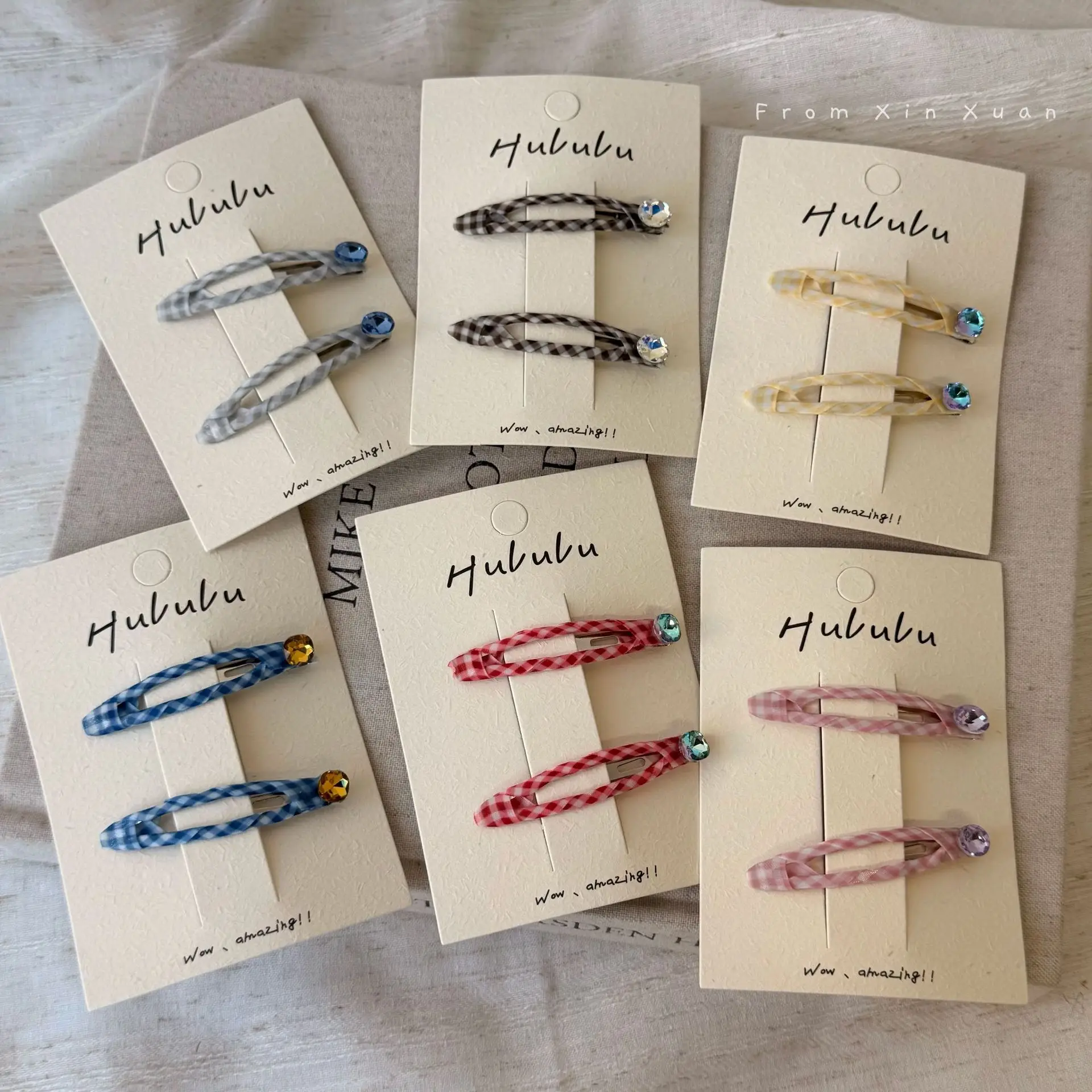 2pcs Colorful Plaid BB Clips Rhinestone Bangs Side Clips Water Droplet Shaped Hollow Sweet  Versatile Hair Style Clips for Girls