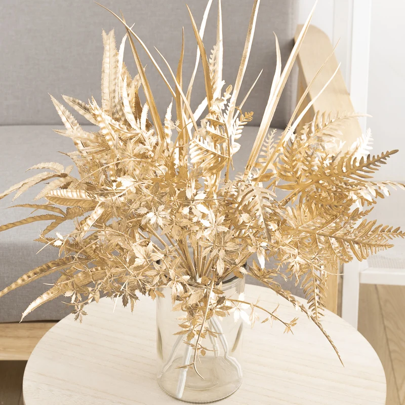 Artificial Plants Gold Plastic Christmas Party Garden Decoration Home Wedding Celebration Flowers Cheap Arrangement Fake Leaves