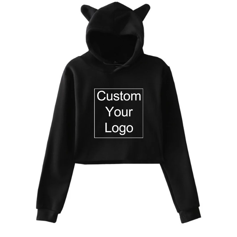 

Custom Logo Women's Cat Ears Hooded Sweatshirt Navel-Baring Short Long Sleeves Sweatshirt Casual Fashion Tops
