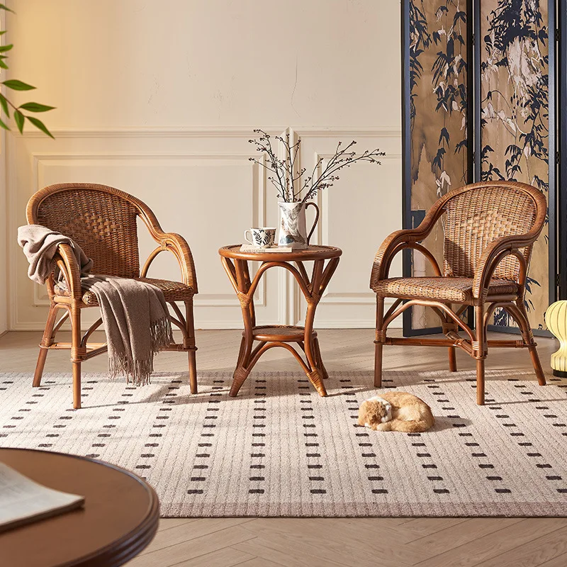 Japanese rattan chair, wabi-sabi wind, restaurant rattan dining chair, coffee table three-piece set