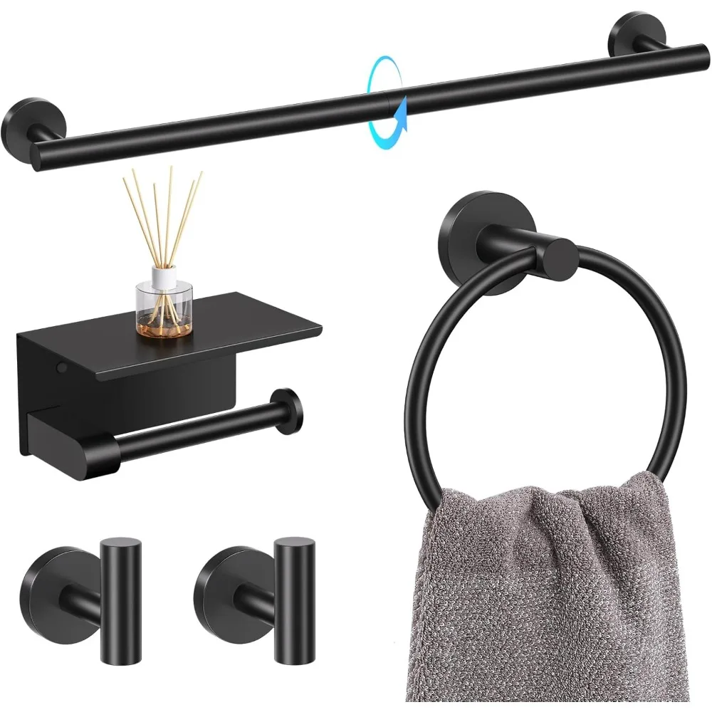 

5-Piece Matte Black Bathroom Hardware Set with Stainless Steel Towel Bar, Holder, and Toilet Paper Holder with Shelf