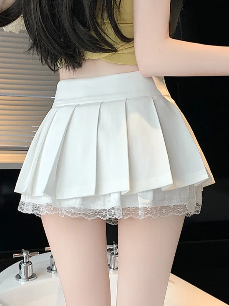 High Waist A-Line  Skirt with Lace Patchwork ort Pants Design Summer Thin Sense Split Pleated Skirt Sexy Girl f Body...