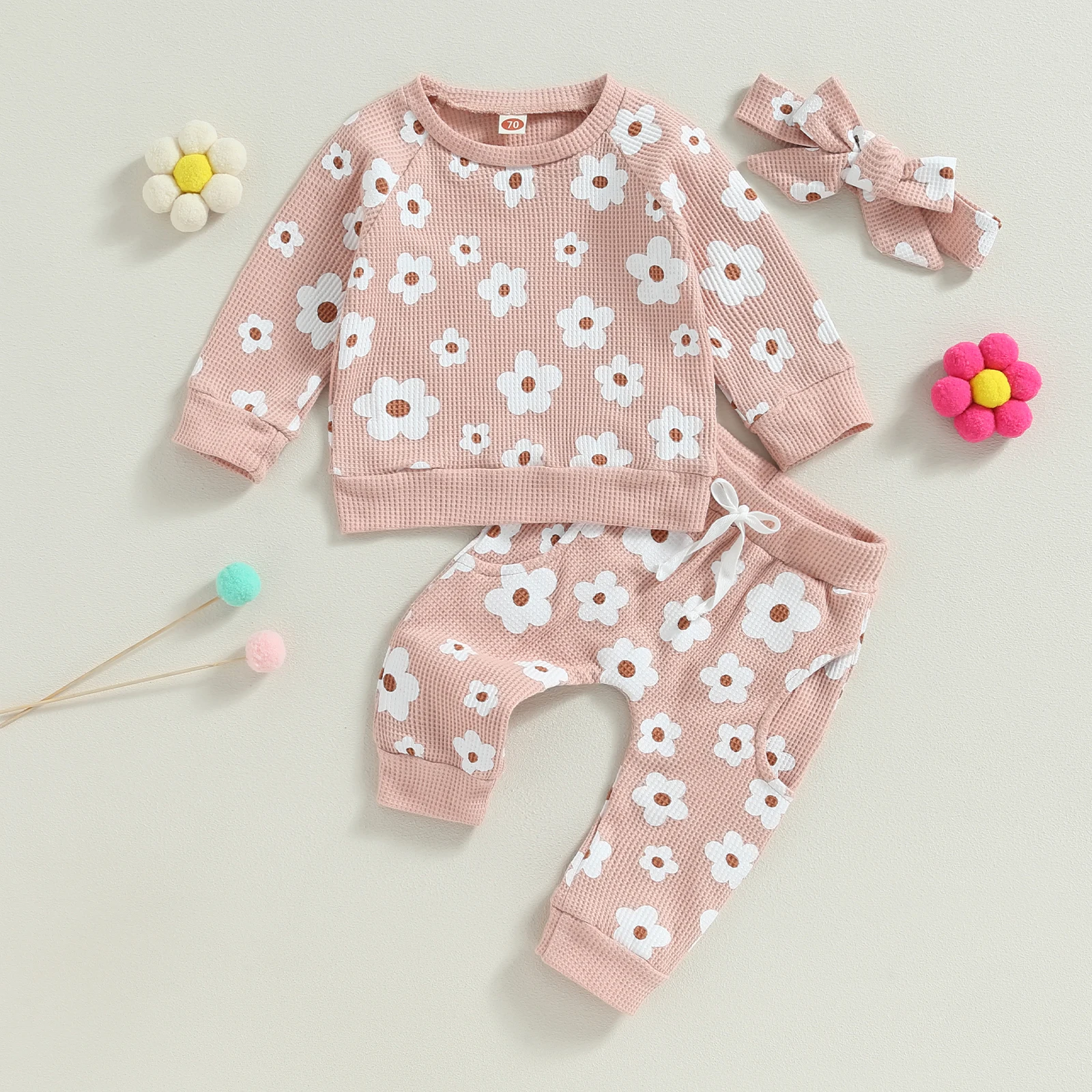 0-24M Infant Baby Girl Autumn Clothes Set 3pcs Flower Print Long Sleeve Sweatshirt Tops Pants Bow Headband