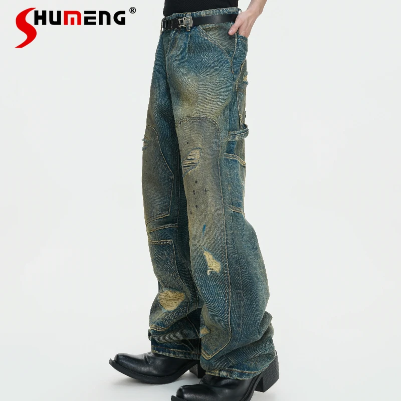 

2026 Men's Spring New Fashion Hole Jeans Ink Splashing Straight Tooling Denim Trousers Male Handsome Loose Comfort Denim Pants