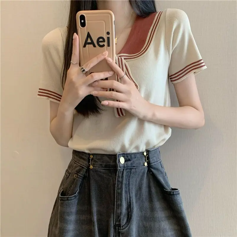 Women Clothing Preppy Style Office Lady Short Sleeve Tops Summer Casual Solid Color Pullovers 2024 New All-match V-neck T-Shirts