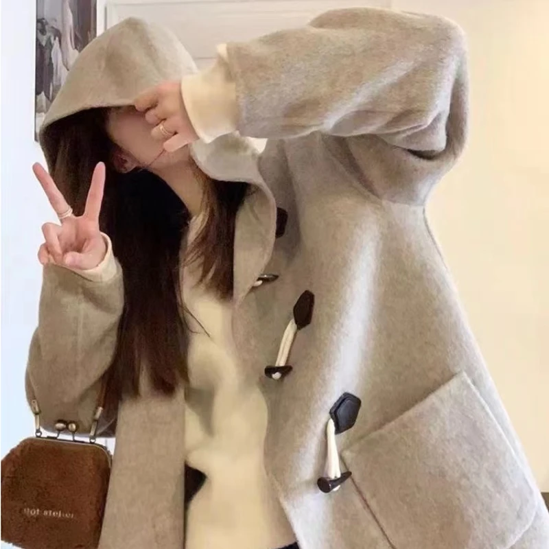 Cow Horn Buckle Hooded Tweed Jacket Women 2023 Autumn and Winter Tweed Coat Loose Cute Versatile Solid Color Coat Female