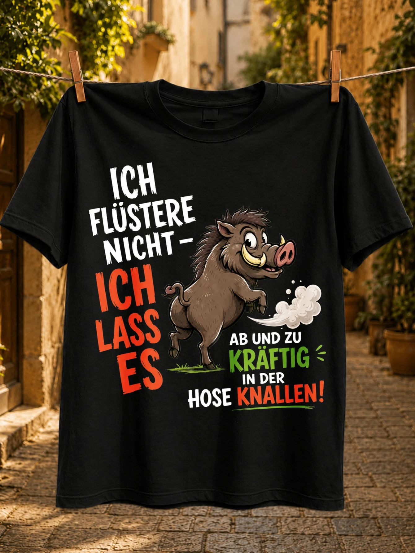 Ich Flustere Nicht Wild Boar Fart Joke Running cartoon wild boar with smoke puff and bold red green  Unisex All T-Shirt