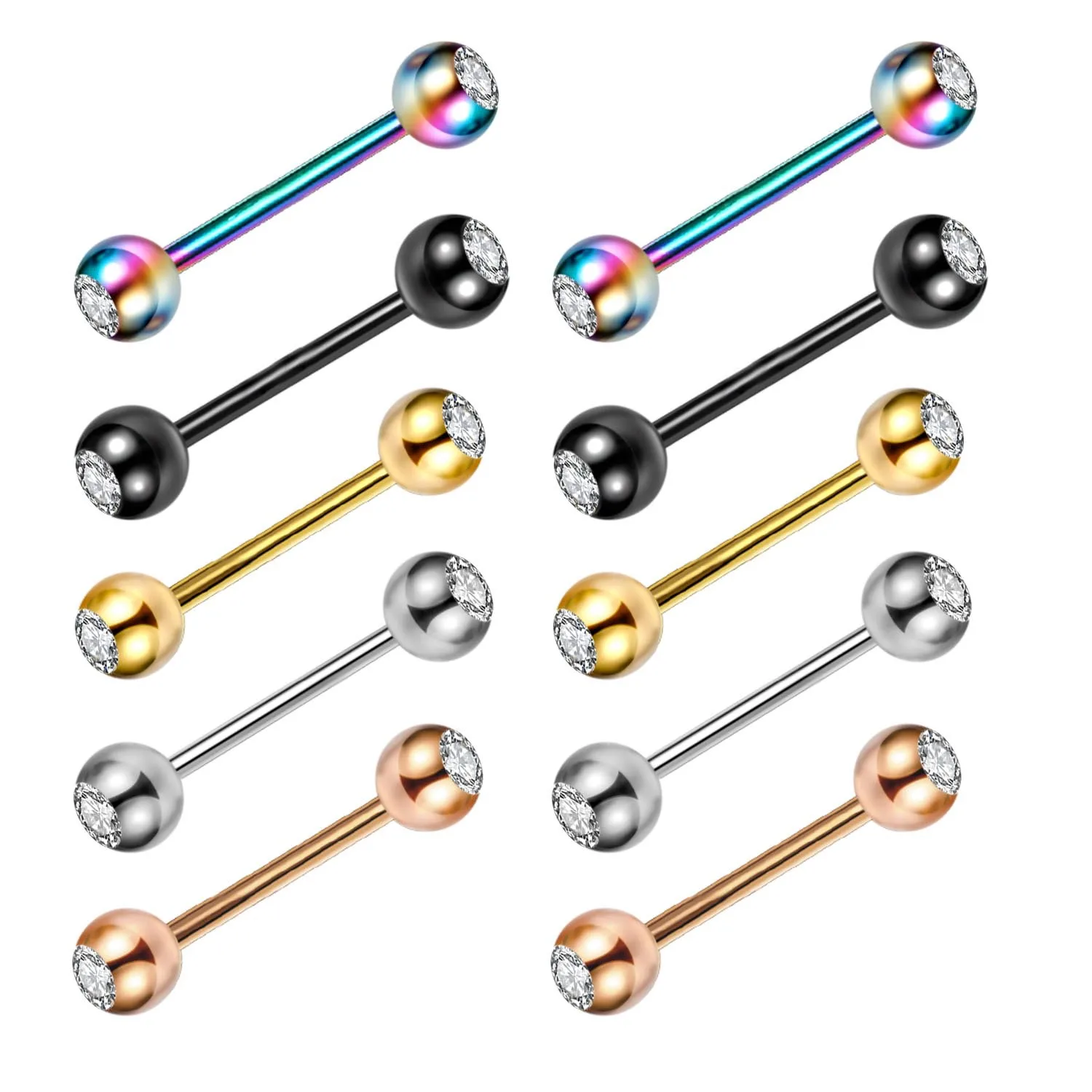 10PC Stainless Steel Crystal Tongue Piercing Barbell 14G 16G Charming Gem Ear Cartilage Helix Stud Jewelry Sexy Nipple Piercings