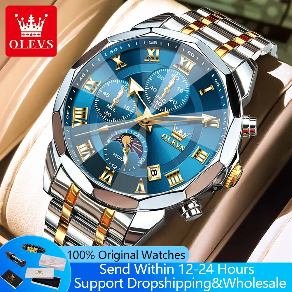 

OLEVS 3675 Man Watch Rhombus Mirror Date Quartz Watch For Men 43mm Big Dial Chronograph Waterproof Moon Phase Luxury Wristwatch