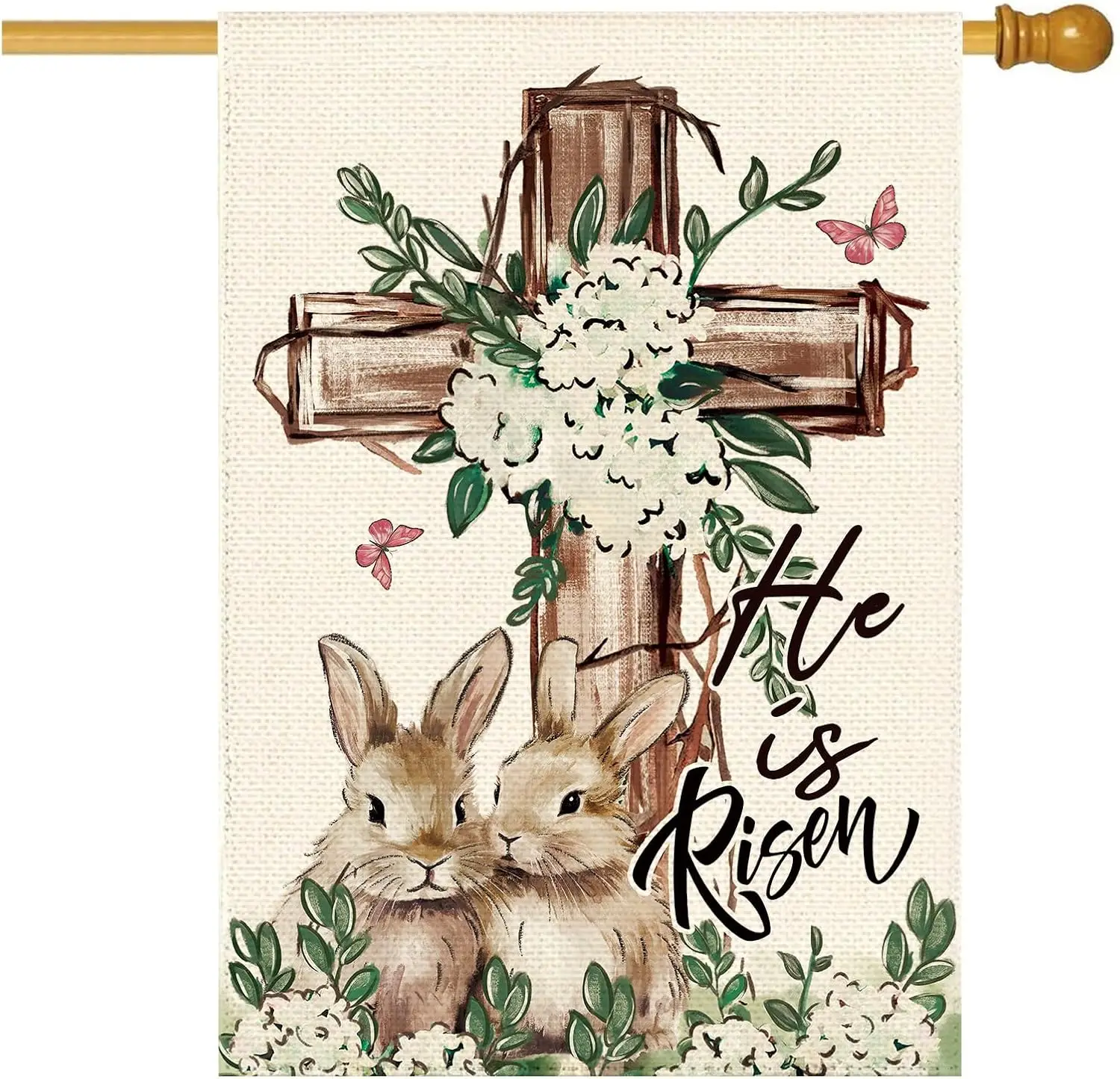 Easter He Is Risen Bunnies House Flag 28 x 40 Inch Double Sided, Spring Cross Hydrangeas Flowers Burlap Large Yard Garden Fl ZZM