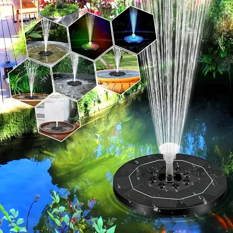 

5.5W Solar Fountain Pump Built-in 5000mAh Battery, Solar Powered Water Fountain Pump with LED Lights for Pond, Garden