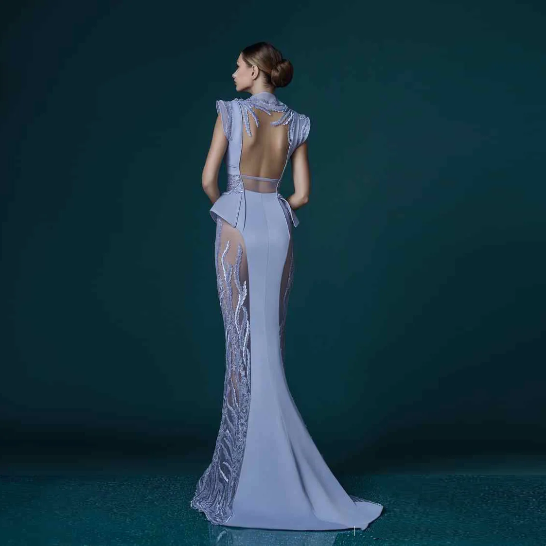 Matte Fabric Formal Prom Dress Applique Floor Length Arabic Women Maxi Dress Sheer Backless Party Dresses Handmade High Fashion