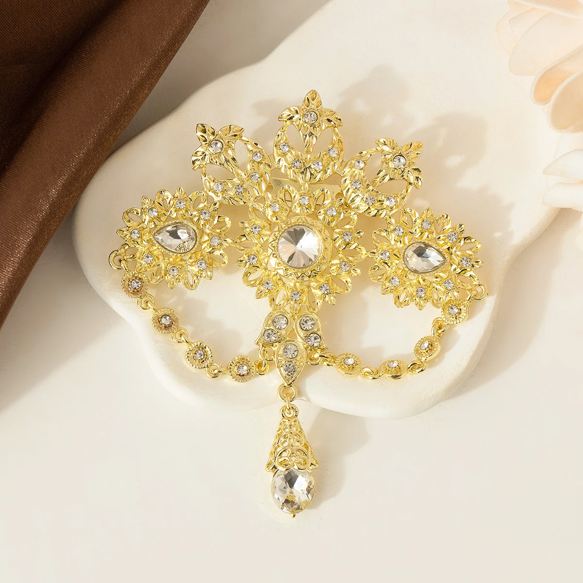 FATIMA STORE Moroccan Style Drop Design Ladies Crystal Brooch Pendant Muslim Arab Bride