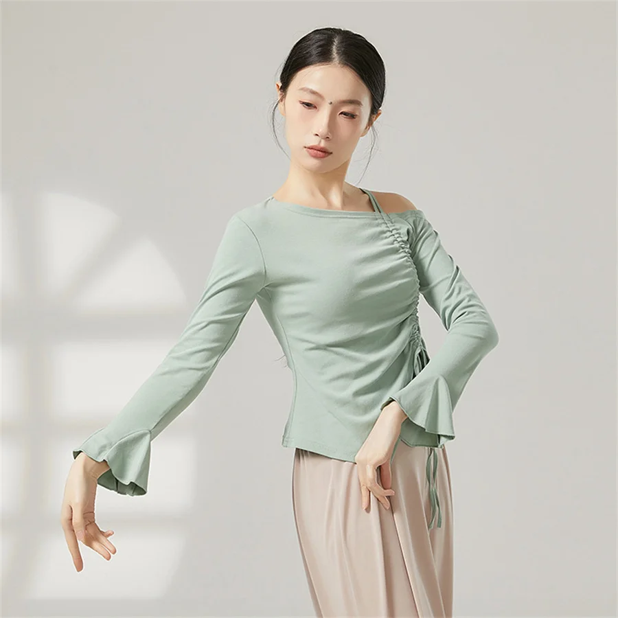 المرأة الكلاسيكية الرقص أعلى مضيئة طويلة الأكمام الرباط الجاز الباليه التدريب قميص الرقص الحديث القطن الصينية الرقصات الشعبية الأعلى #6