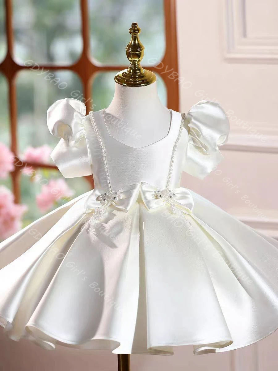 فستان فتاة الزهور بتصوير حقيقي لحفلات الزفاف للأطفال الصغار بأكمام منتفخة لحفلات أعياد الميلاد فستان الأميرة الساتان المطوي حسب الطلب