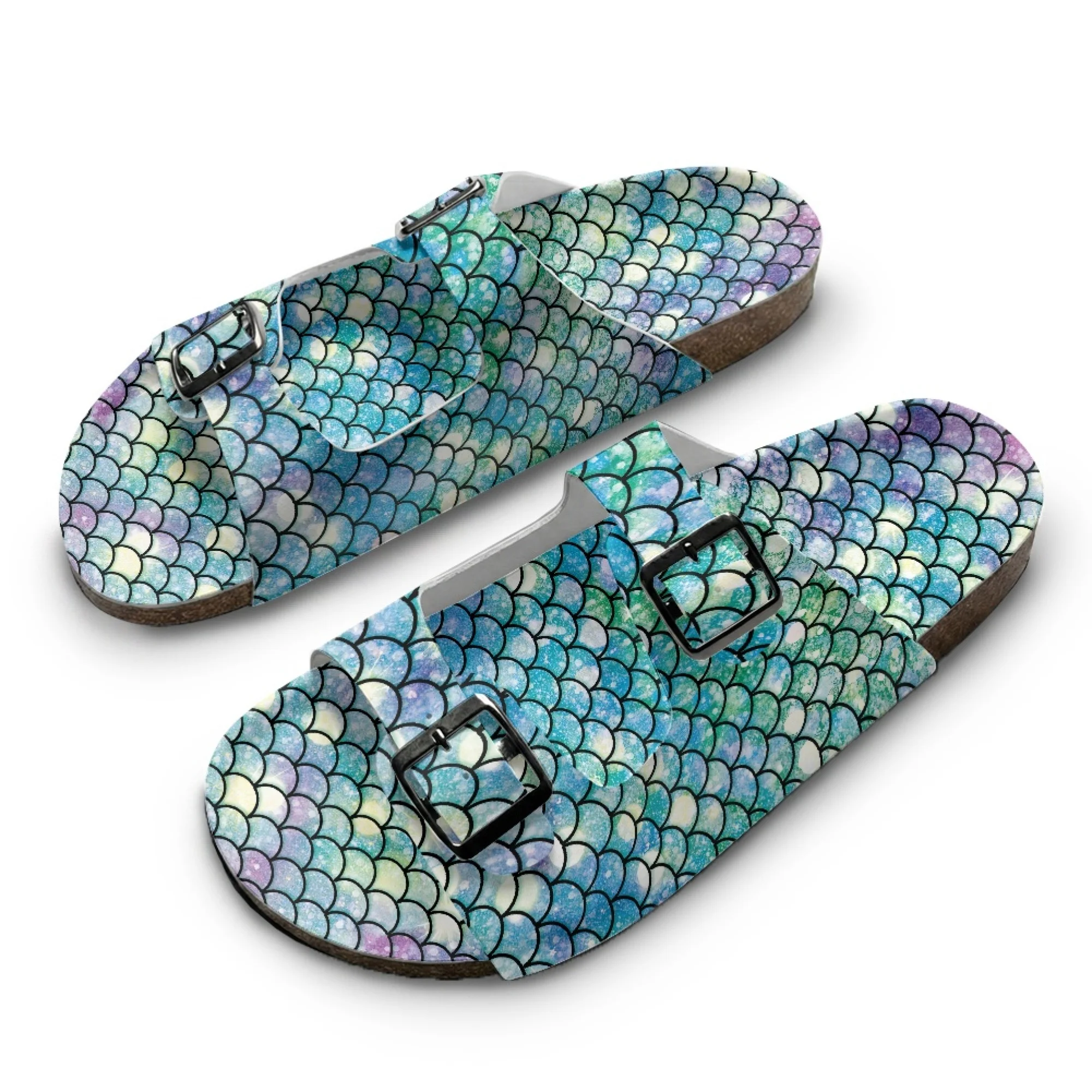 

Mermaid Scales Pattern Home Custom Slippers High Quality Unisex Casual Double Buckle Double Strap Wooden-soled Slippers
