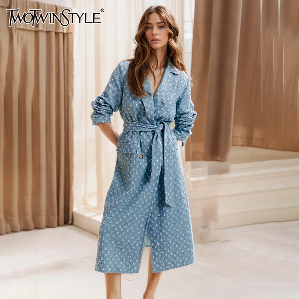 

TWOTWINSTYLE Temperament Patchwork Lace Up Denim Trench For Women Lapel Long Sleeve Loose Spliced Pockets Coat Female Fashion