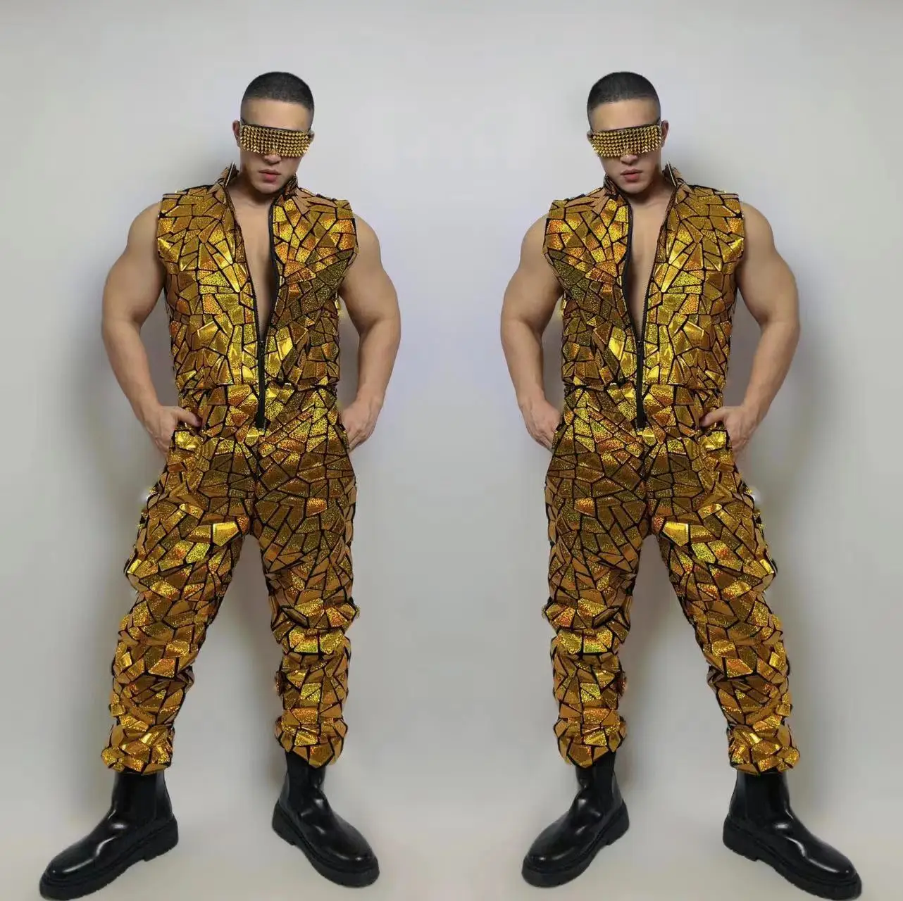 Men's Hip Hop Jazz Dance Performance Sequins Overalls Gold Laser Mirror Jumpsuit Glitter Stage Wear Male Bar Performance Costume