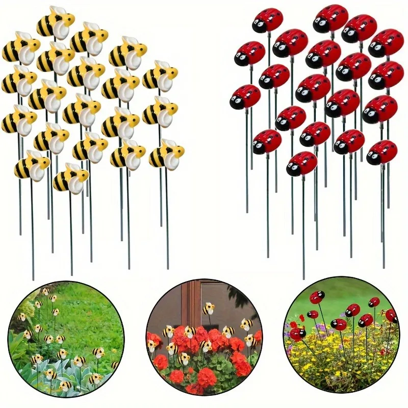 20pcs Bee & Ladybug Resin Stake Decorations Modern Floor-Mounted Garden Plugs for Outdoor Flower Beds Lawn Paths Potted Plants