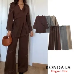 KONDALA Women Casual Trendy Loose Set Fashion 2026 Spring Summer Kimono Crossover Jacket Elastic Waist Pants 2 Piece Lady Set