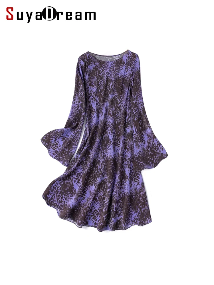 SuyaDream, Damen-Minikleider, 100 % Seidenkrepp, ausgestellte Ärmel, Kleid mit Leopardenmuster, elegante Kleidung für Frühling und Sommer 2025, Lila