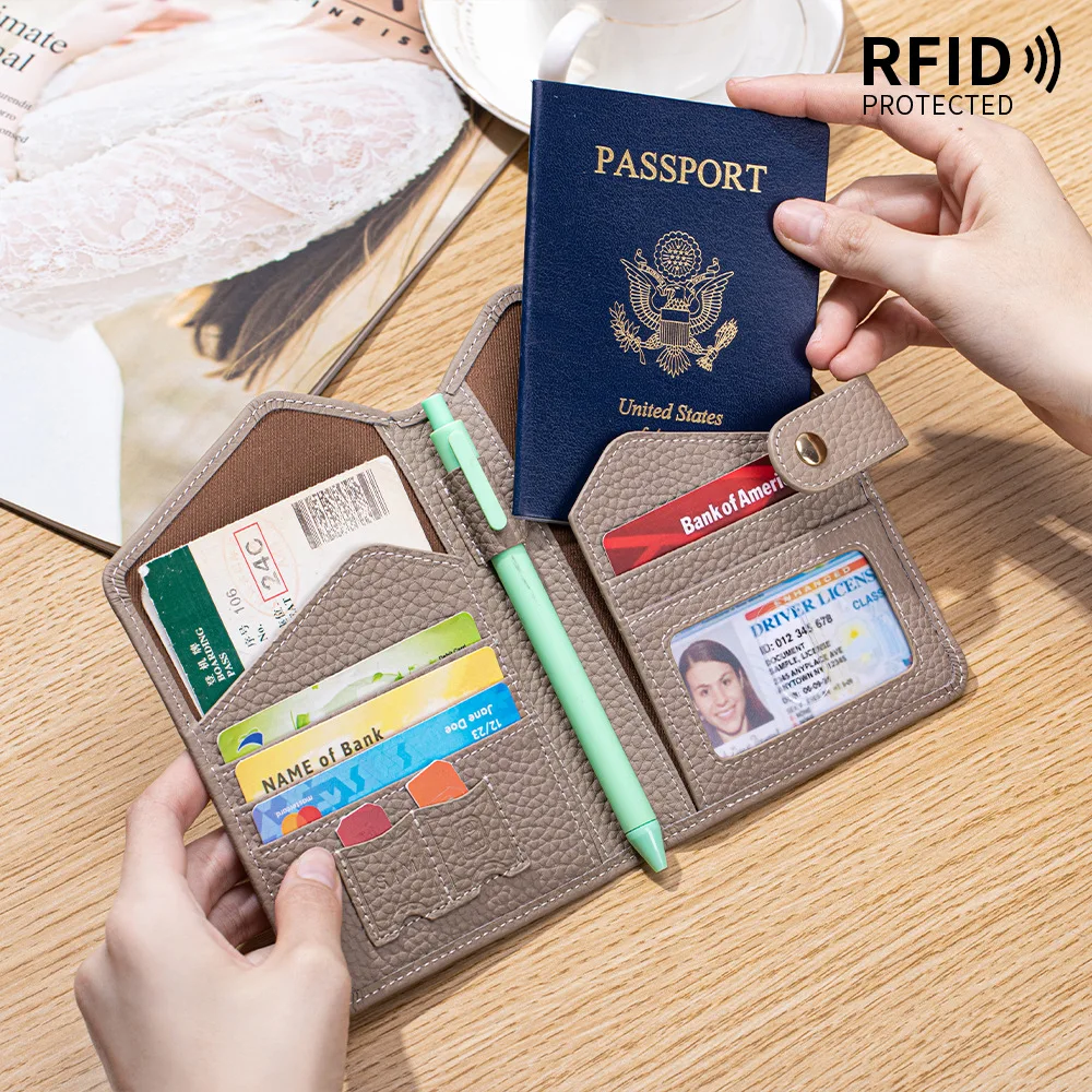 New Genuine Leather Ultra-thin RFID Passport Holders Women's Flight Clip Bag Portable Multifunctional Card Slot Passport Wallets