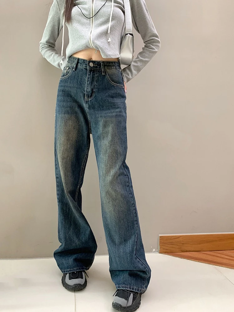 AOSSVIAO American Vintage Loose Women Wide Leg Jeans 2026 Autumn Pants Casual Straight Leg Washed Versatile Long Trousers