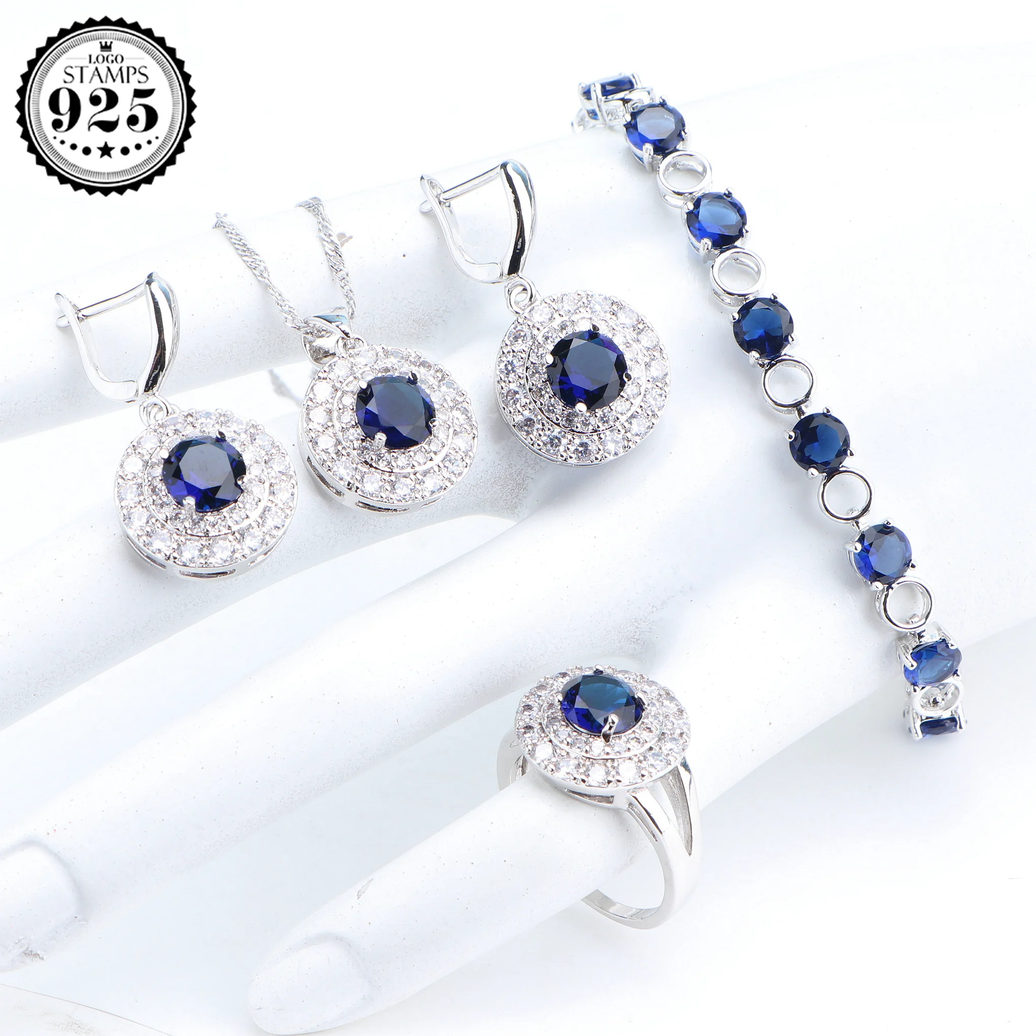 Blue Zircon Bridal Silver 925 Jewelry Sets Ladies Charms Bracelets Rings Necklace Pendant Earrings Wedding Set For Women Jewelry