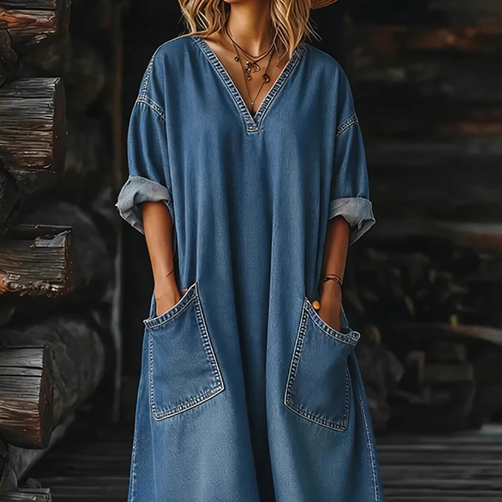 

Women's Vintage Denim Loose Maxi Dress Blue V-Neck Roll Up Sleeve Kaftan Dress With Big Pockets For Vacation Streetwear Dresses