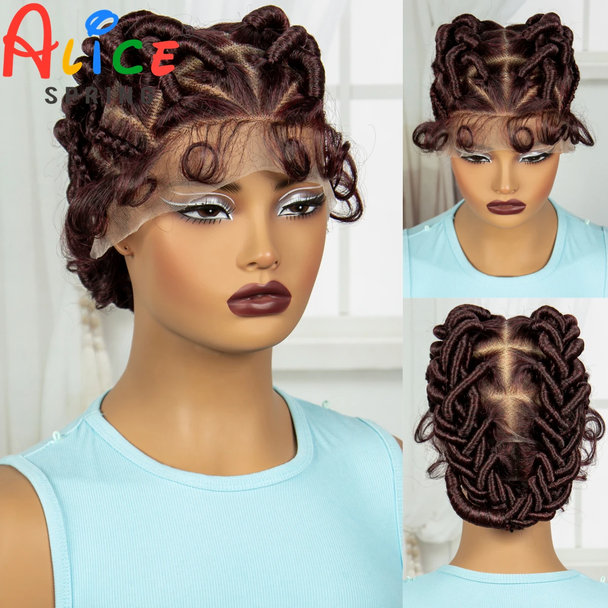 99J# Burgundy Handmade Bantu Braided Wigs Synthetic Full Lace Braids Wig Knotless Dreadlock Braided Lace Wig for Black Women