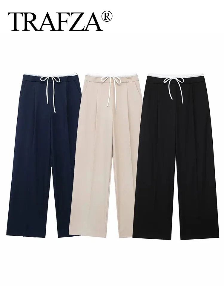 TRAFZA Pant For Women Splice Design Pants Drawstring Straight Pant Casual Loose Wide Leg Trousers 2024 Spring Solid Basic Pants