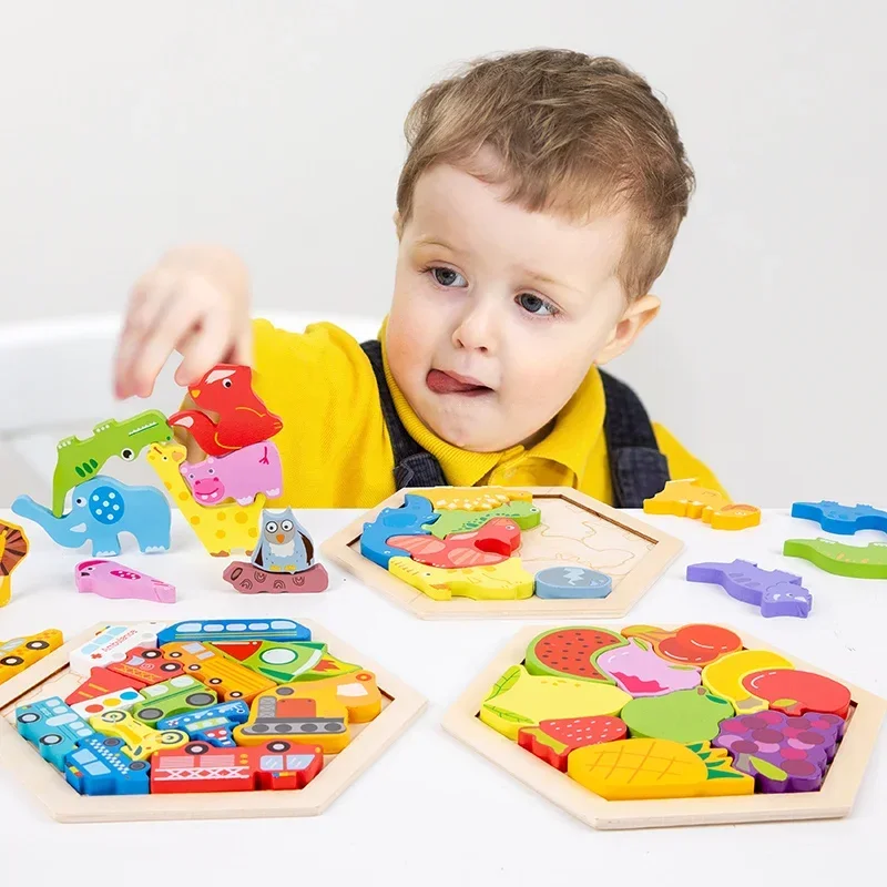 Rompecabezas tridimensionales creativos para niños, bloques temáticos de madera, cognición de Color/forma, juguetes de educación temprana Montessori