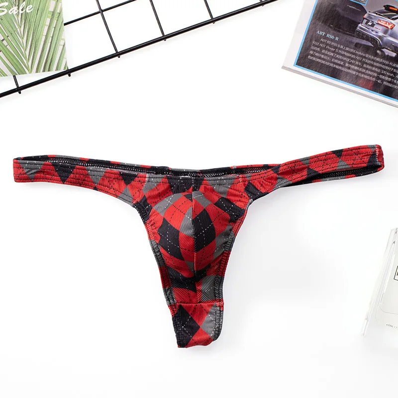 Men Underwear Grid Sexy Briefs U Convex Thong String Bulge Pouch Breathable Panties Male Underpants U-Bag Intimates Bikini Male