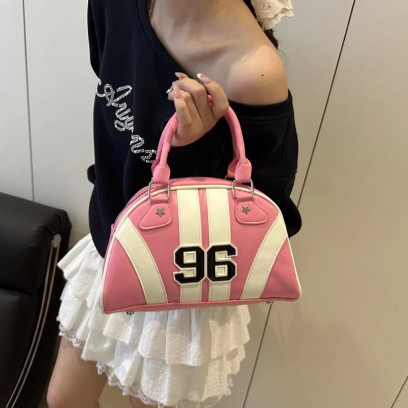 Sacs à main dôme rayés élégants, emblème numéro 96, style rétro sportif, sacs polyvalents à poignée supérieure, à bandoulière et croisés pour un usage quotidien tendance