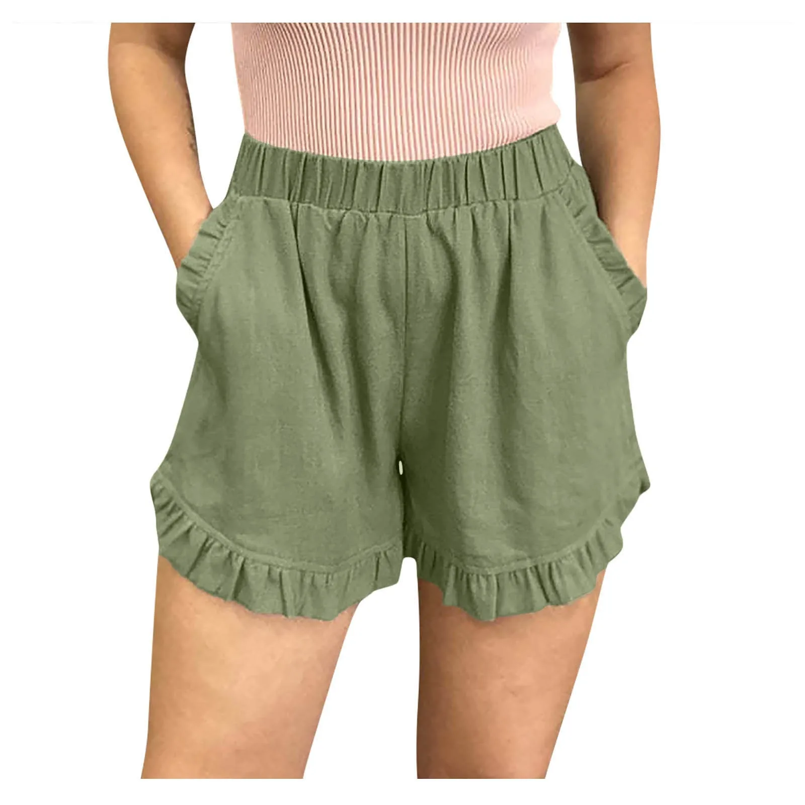 

Beach Style Casual Shorts Women Ruffled Elastic Waist Cotton Linen Shorts Summer Solid Color Loose Fit Short Pants