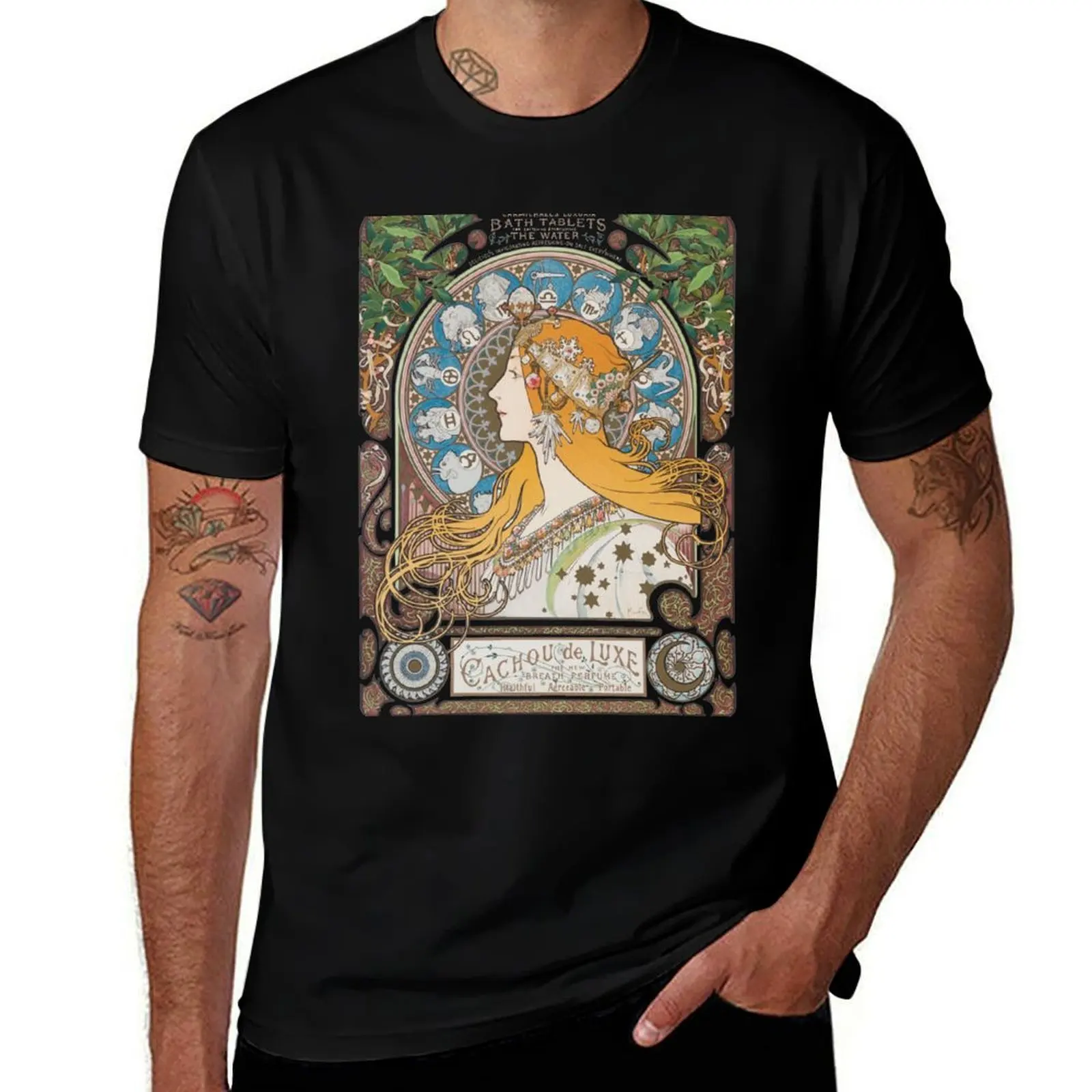 HD. Zodiac (First version), by Alphonse Mucha (1896) HIGH DEFINITION T-Shirt Summer Holiday Casual Tee T-Shirt