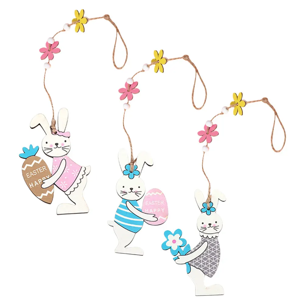 

3pcs Bunny Hanging Ornament Wooden Easter Rabbit Decoration Festive Tree Decorations Handmade Bunny Ornaments For Easter