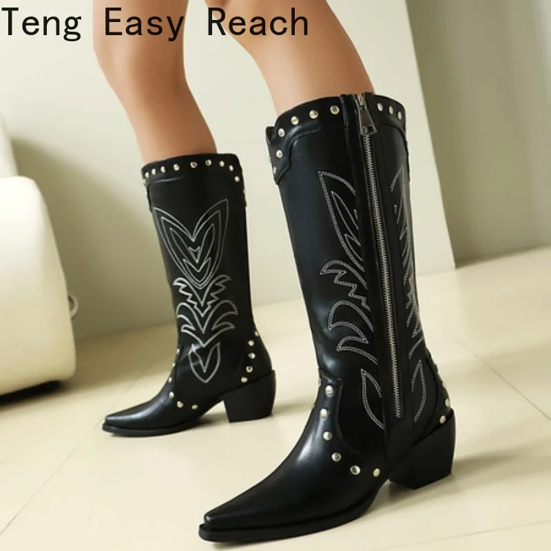 

2025 Autumn Newest Western Cowboy Mid Calf Boots Women Retro Chunky Block High Heels Shoes Black Brown Large Size 34-43